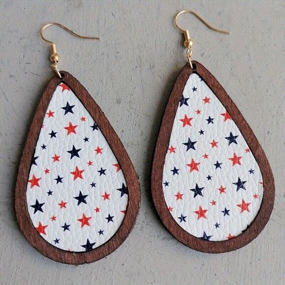 Bohemian National Flag Water Droplets Dangly Earrings 4th Stars Stripes Country - Picture 8 of 9